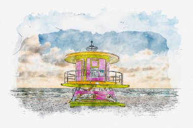 Watercolor painting illustration of Lifeguard tower in South Beach in Fort Lauderdale Florida, USA