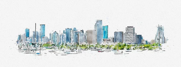 Ilustración digital en acuarela del horizonte del centro de Miami aislado sobre fondo blanco — Foto de Stock