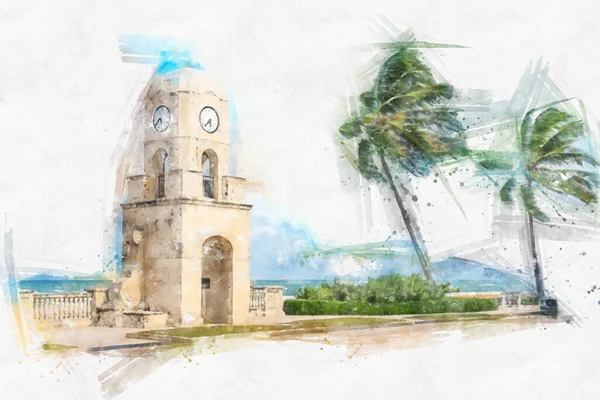 Aquarell Gemälde Illustration von Palm Beach Worth Avenue Uhrturm Florida USA — Stockfoto