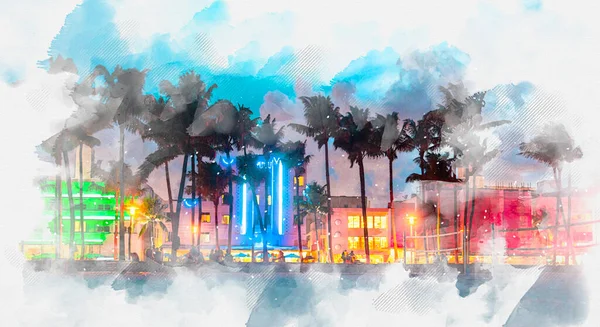 Watercolor painting illustration of Ocean Drive hotels and restaurants at sunset. City skyline with palm trees at night. Art deco nightlife on South beach — 图库照片