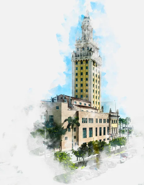 Acuarela pintura ilustración de Vista del centro de Miami — Foto de Stock