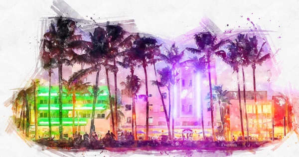 Υδατογραφία εικονογράφηση ζωγραφικής του Ocean Drive ξενοδοχεία και εστιατόρια στο ηλιοβασίλεμα. Ουρανοξύστης με φοίνικες τη νύχτα. Art deco νυχτερινή ζωή στη Νότια παραλία — Φωτογραφία Αρχείου