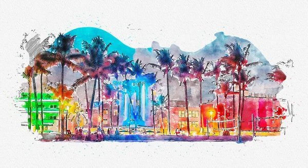 Acuarela ilustración de la pintura de Ocean Drive hoteles y restaurantes al atardecer. Ciudad skyline con palmeras por la noche. Vida nocturna Art Déco en la playa sur — Foto de Stock