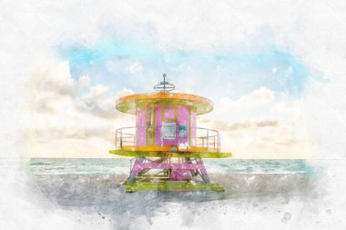 Watercolor painting illustration of Lifeguard tower in South Beach in Fort Lauderdale Florida, USA