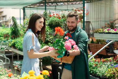 Worker helping female customer with plant in garden center