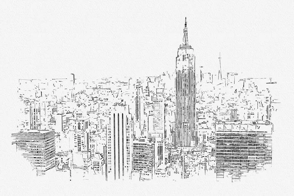Skyline von New York City mit Wolkenkratzern, Bleistiftzeichnung — Stockfoto