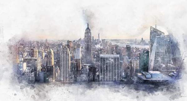纽约市曼哈顿市中心的空中全景，白天有摩天大楼和蓝天，数字水彩画 — 图库照片