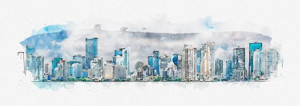 Watercolor digital illustration of Miami Downtown skyline isolated on white background — Stok fotoğraf
