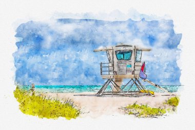 Watercolor painting illustration of lifeguard tower in Miami Florida
