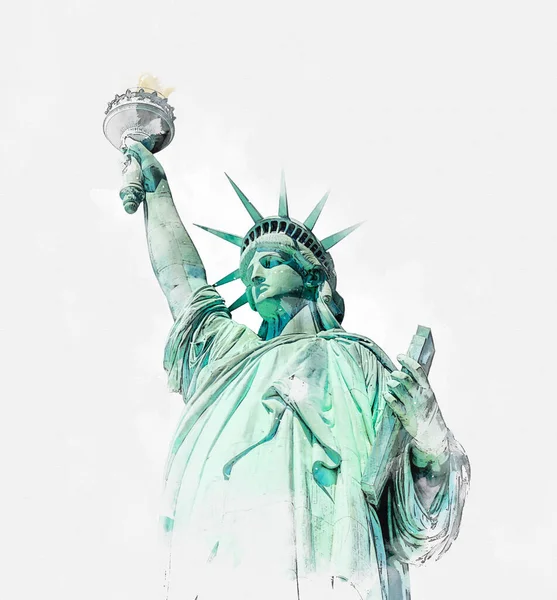 Watercolor painting illustration of Statue of Liberty on white background