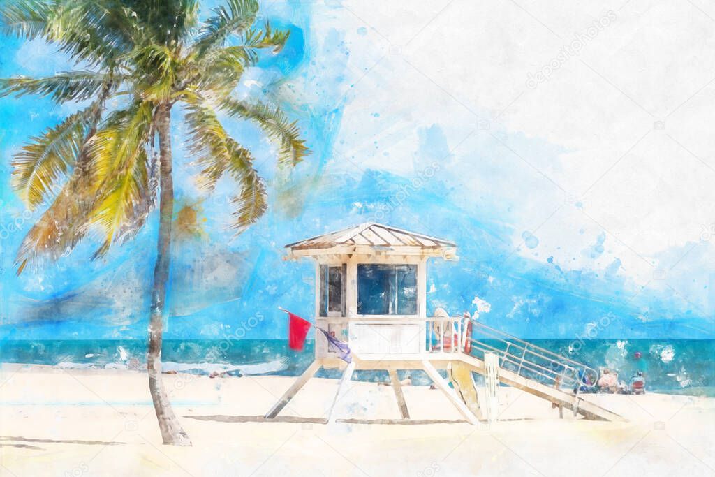Watercolor painting illustration of lifeguard tower in Miami Florida