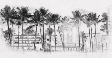 Gün batımında Miami Beach Ocean Drive otel ve restoranları. Geceleri palmiye ağaçları ile şehir silueti. Güney sahilinde Art deco gece hayatı