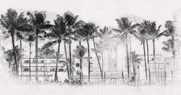 迈阿密海滩海洋大道酒店和餐厅在日落 城市天际线与棕榈树在晚上 南海滩艺术装饰夜生活 — 图库照片