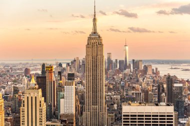 panorama view of New York city beautiful skyline and skyscrapers at sunset