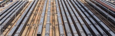 Aerial view of depot with a lot of trains in New York City USA