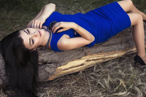 Beautiful girl with dark hair in elegant blue dress — Stock Photo, Image