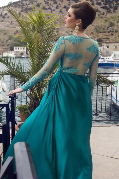 Όμορφη γυναίκα με το κομψό χτένισμα στο πολυτελές μετάξι φόρεμα — Φωτογραφία Αρχείου