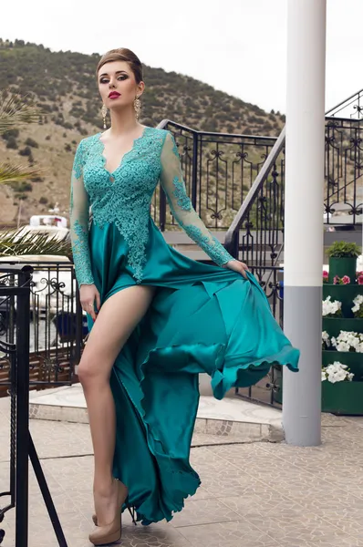 Φόρεμα το όμορφο μοντέλο με κομψό χτένισμα στο πολυτελές μετάξι — Φωτογραφία Αρχείου