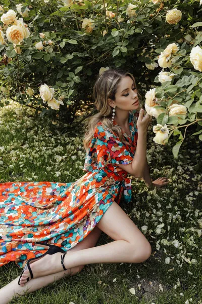 バラと庭にポーズをとるエレガントなドレスで金髪の美しい女性のファッション屋外写真 — ストック写真