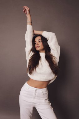 Stüdyoda poz veren siyah saçlı güzel bir kadının moda fotoğrafı.