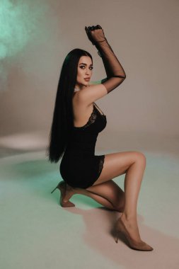 Stüdyoda poz veren siyah saçlı güzel bir kadının moda fotoğrafı.