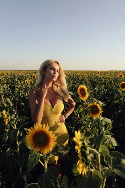 Модна Зовнішня Фотографія Красивої Жінки Світлим Волоссям Елегантній Сукні Позує — стокове фото
