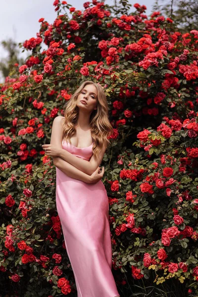 Fashion Outdoor Photo Beautiful Woman Blond Hair Elegant Pink Dress — Foto de Stock