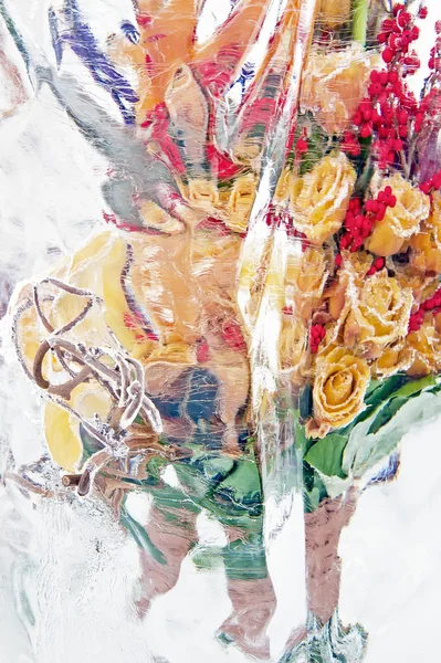 Frozen bouquet of yellow roses vertical — Stock Photo, Image