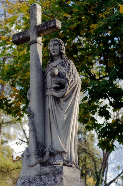 Antica Lapide Con Donna Con Ciotola Nel Cimitero Lychakiv Leopoli — Foto Stock