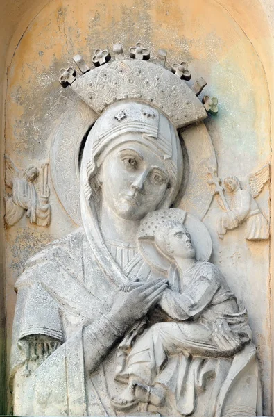 Vieux Relief Pierre Altérée Notre Dame Perpétuel Aide Eglise Lviv — Photo