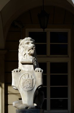 Lviv Ukrayna 'daki belediye binasının yakınında armalı aslan heykeli.