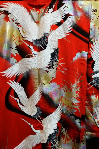 Pièce Tissu Traditionnel Japonais Avec Grues Sur Kimono Femelle — Photo