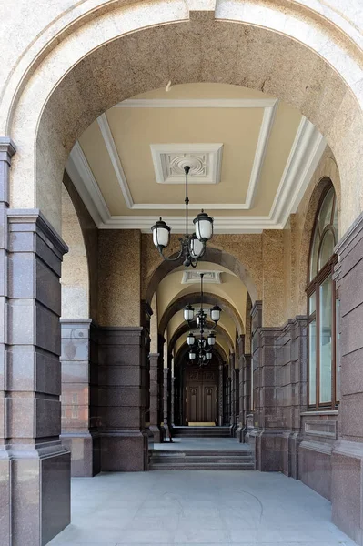 Arcade passage to the door of the building in Kyiv Ukraine