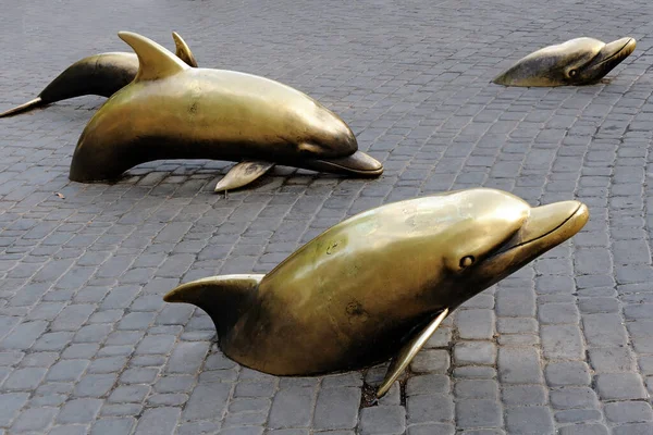 在乌克兰奥德萨大街上 海豚家族的雕塑跃出了柏油路 — 图库照片