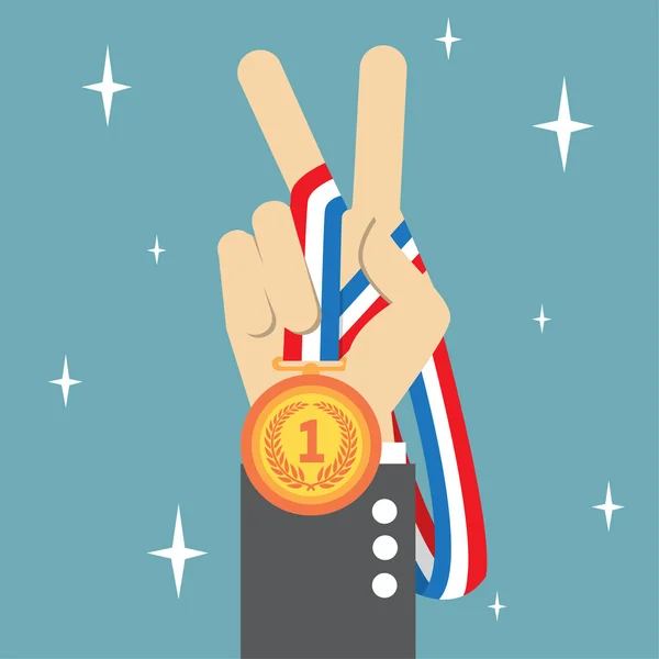 Mano sosteniendo la medalla de un ganador y mostrando los dedos de la victoria — Vector de stock
