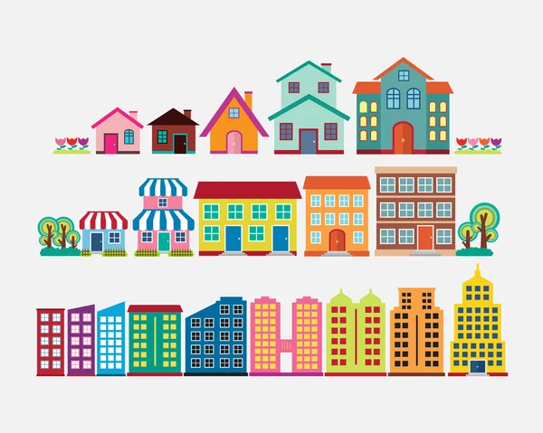 Conjunto de colección de casas y edificios coloridos, vector de diseño plano Ilustración — Vector de stock
