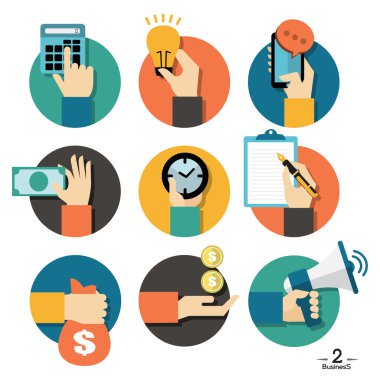 Hands with business object icons set