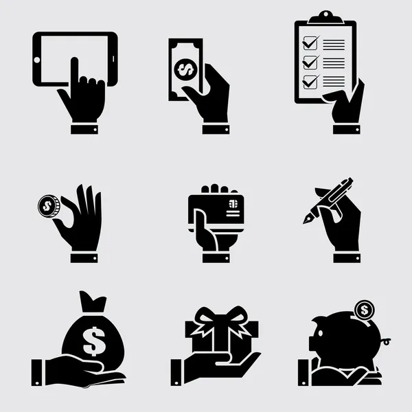 Mano de negocios con iconos de objeto conjunto Ilustración de stock