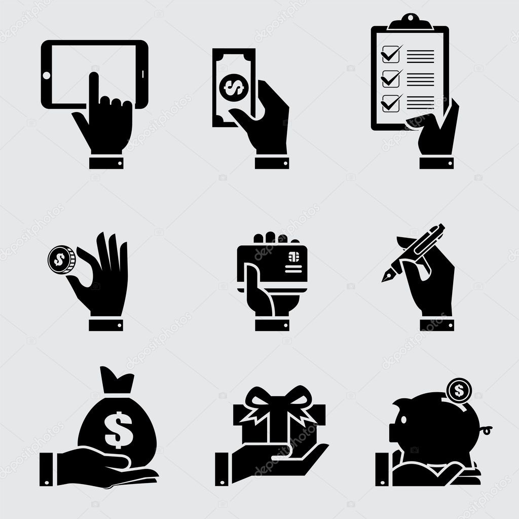Business hand with object icons set