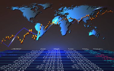 Fütüristik konsept, soyut küresel finans arkaplanı, vektör illüstrasyonunda borsa veya önx ticaret grafiği