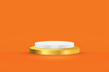 Turuncu arka planda ışıkla aydınlatılmış yuvarlak beyaz ve altın sahne kürsüsü. Ürün sunumu için vektör