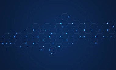 Hexagons pattern on blue background. Genetic research, molecular structure. Chemical engineering. Concept of innovation technology. Used for design healthcare, science and medicine background