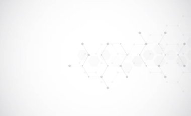 Gri arkaplanda altıgen deseni var. Genetik araştırma, moleküler yapı. Kimya mühendisliği. Yenilik teknolojisi kavramı. Tasarım, sağlık, bilim ve tıp geçmişi için kullanılır.