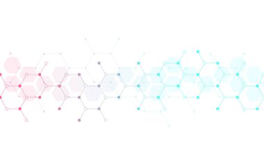 Altıgen desenli arka plan. Genetik araştırma, moleküler yapı. Kimya mühendisliği. Yenilik teknolojisi kavramı. Tasarım, sağlık, bilim ve tıp geçmişi için kullanılır. 