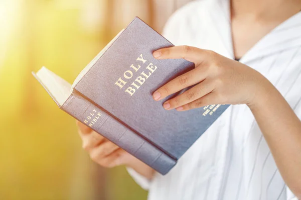 Girl Holds Bible Her Hands Concept Faith Religion Spirituality Hope — Foto Stock