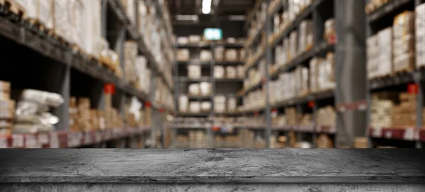 Empty Stone Table Top Blur Warehouse Background Template Mock Display — Stockfoto