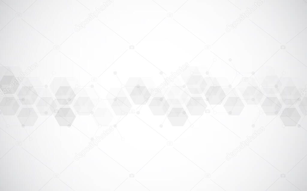 Hexagons pattern on gray background. Genetic research, molecular structure. Chemical engineering. Concept of innovation technology. Used for design healthcare, science and medicine background