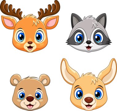 Sevimli hayvan yüzü koleksiyonu seti. Aslan. Geyik, Rakun, Ayı ve Kanguru
