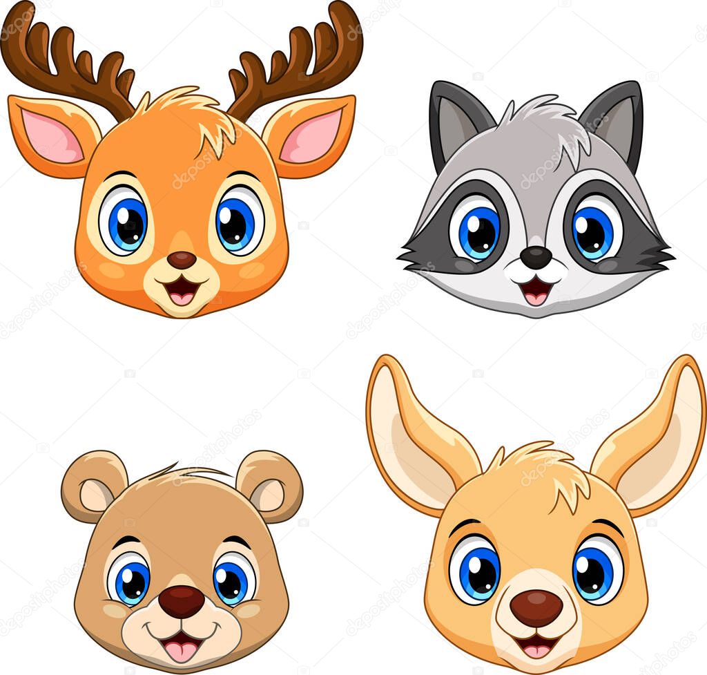 Cute animal face collection set. Lion. Deer, Raccoon, bear and Kangaroo