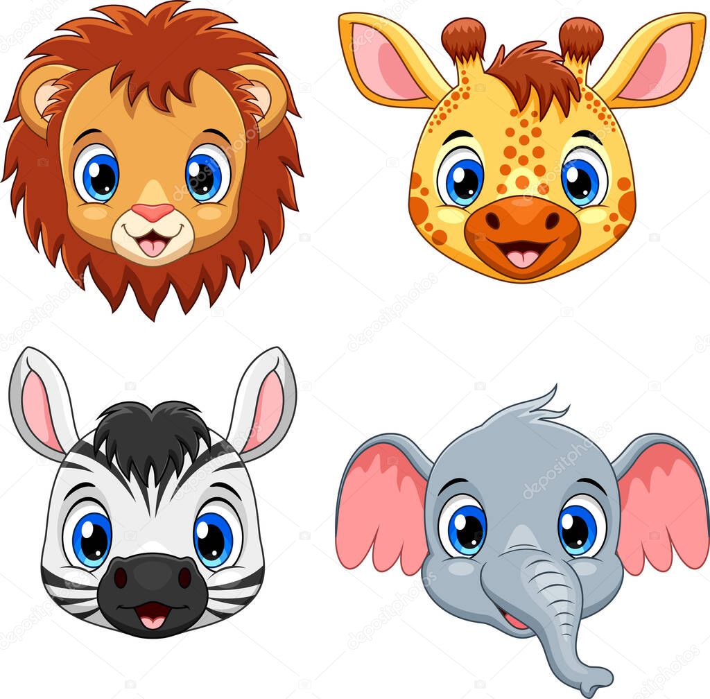 Cute animal face collection set. Lion, Giraffe, Zebra and Elephant